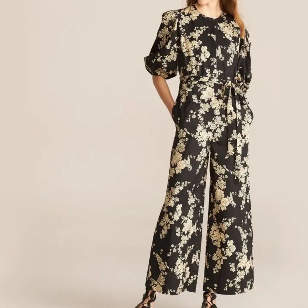 NEW Rebecca Taylor Women Gabrielle Fleur Black Tie Waist Cropped Jumpsuit